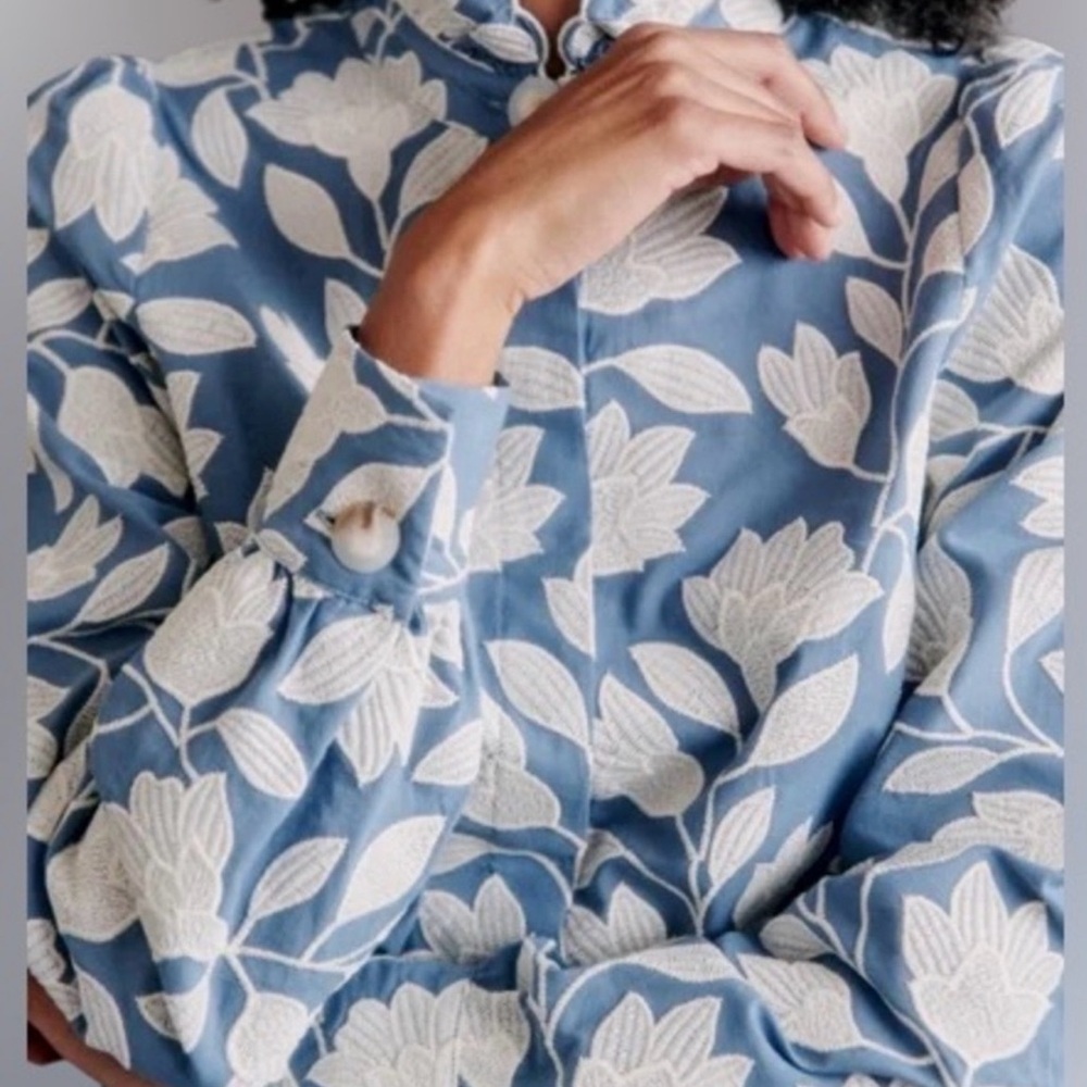 Sezane Ambre shirt-  Ecru flowers on blue background with contrasting embroidery
